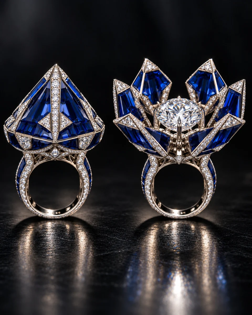 Illustrative sapphire and diamond Pyramid Reveal Ring, shown open and closed