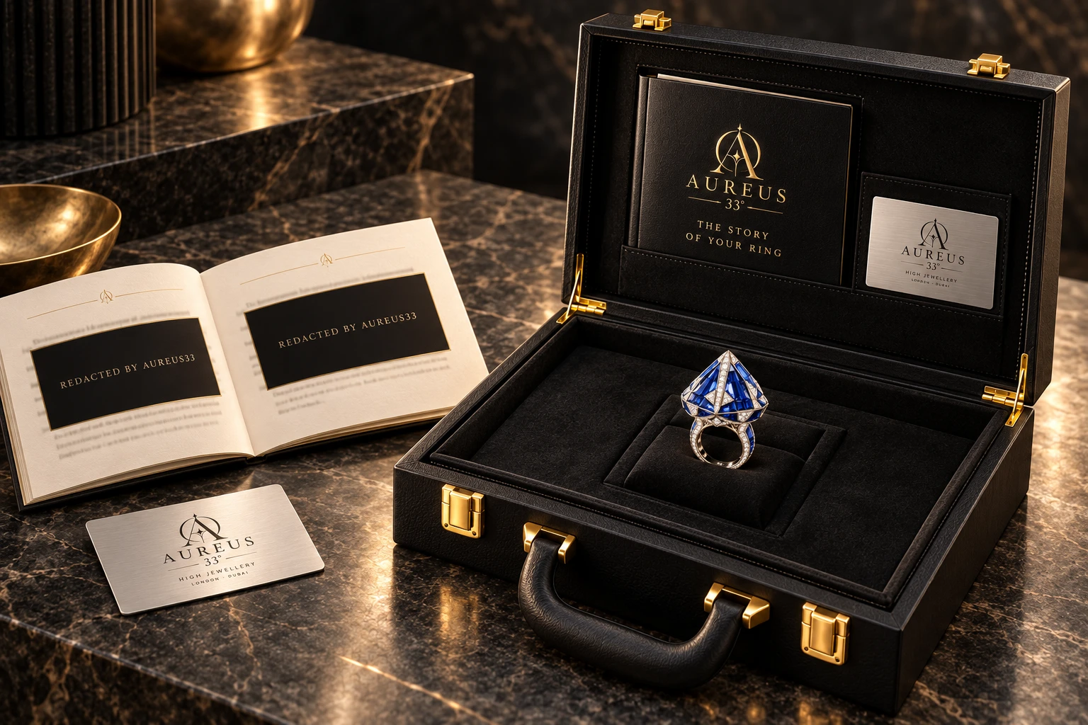 Illustrative view of the sapphire pyramid ring in a black AUREUS 33 case, beside its personal booklet